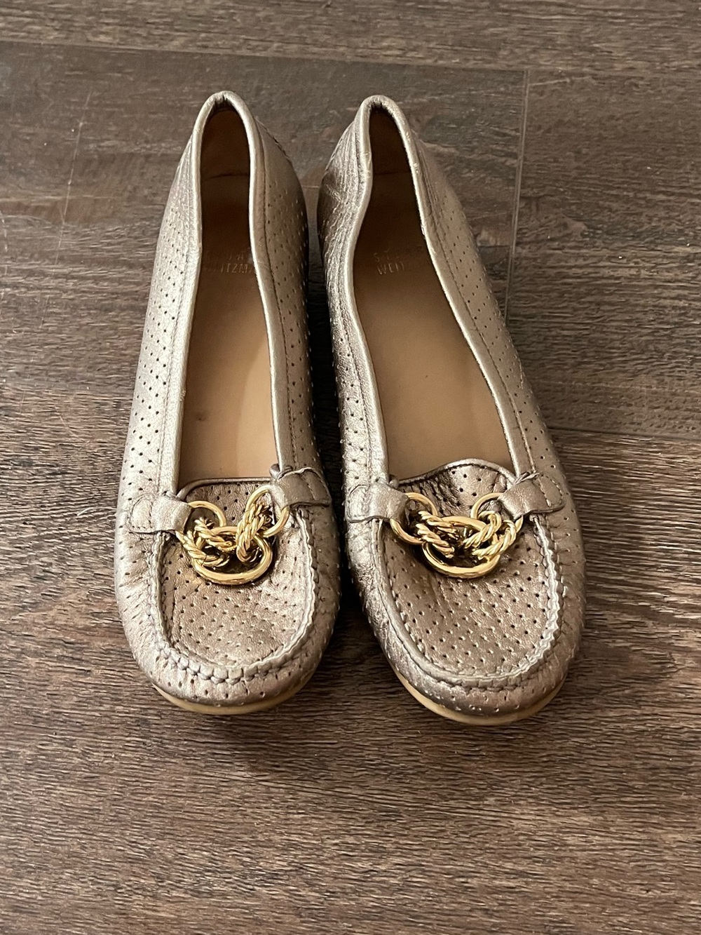 Stuart Weitzman Metallic Taupe Loafers with Gold Chain - Picture 8 of 14